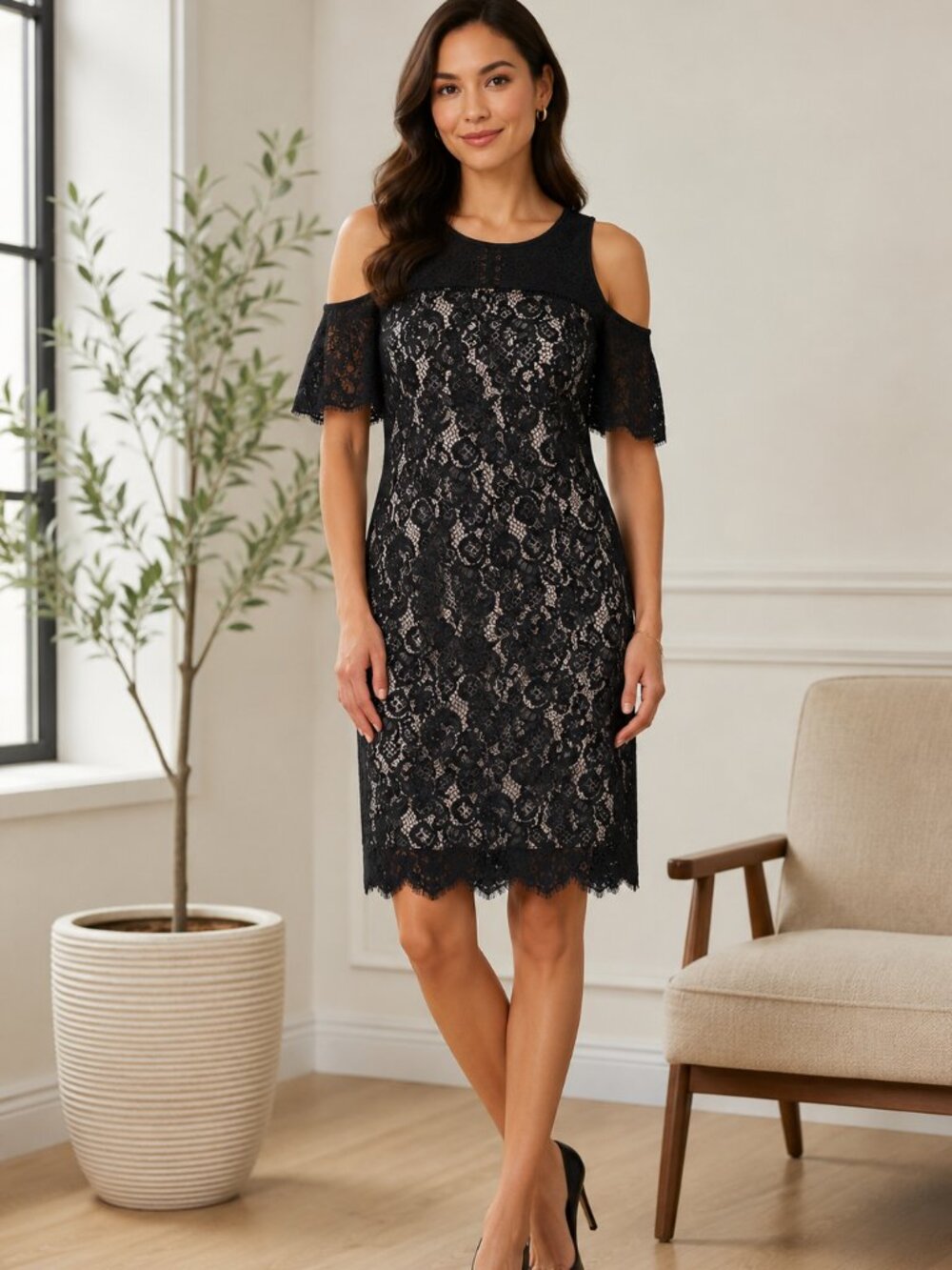 NWT LOFT Black Lace Cold Shoulder Sheath Dress Womens Size 10 Cocktail Party